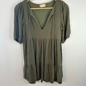 Altar’d State Olive Green Clip Dot Mini Dress, S, Blouson Sleeve, Boho, V-Neck